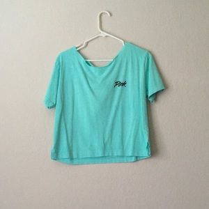 Vs Pink aqua cropped off shoulder tee